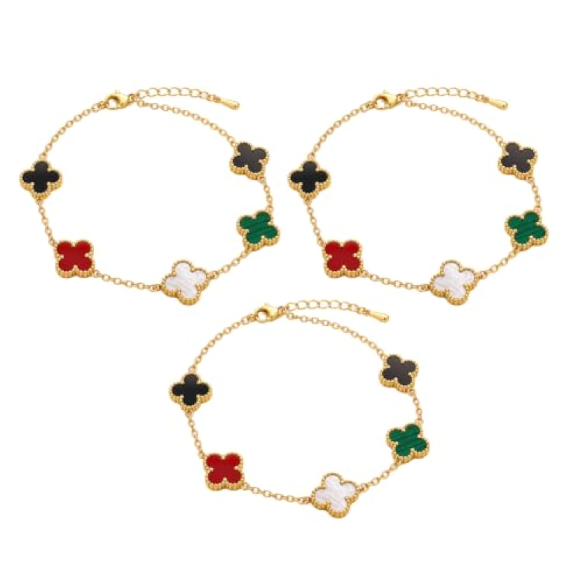 Five Clover Multi Stone Bracelet, Anti Tarnish Gold Tone